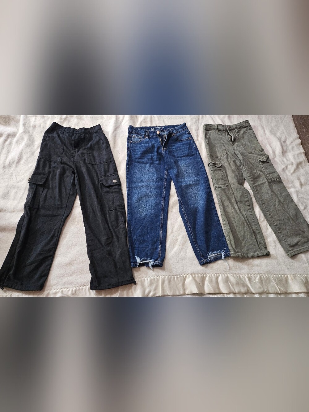 Girl's Cargo Pants -Black, and Olive And Slouchy Straight Blue Jeans